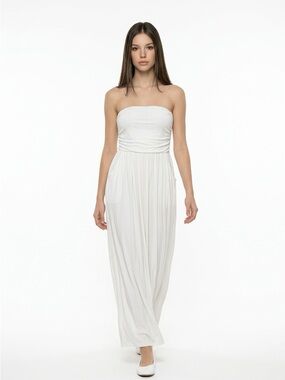 Classic Strapless White Maxi Dress with Ruched Bodice